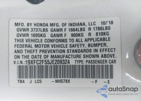2018 Honda Civic Lx из США, поврежденный, VIN 19XFC2F55JE209324